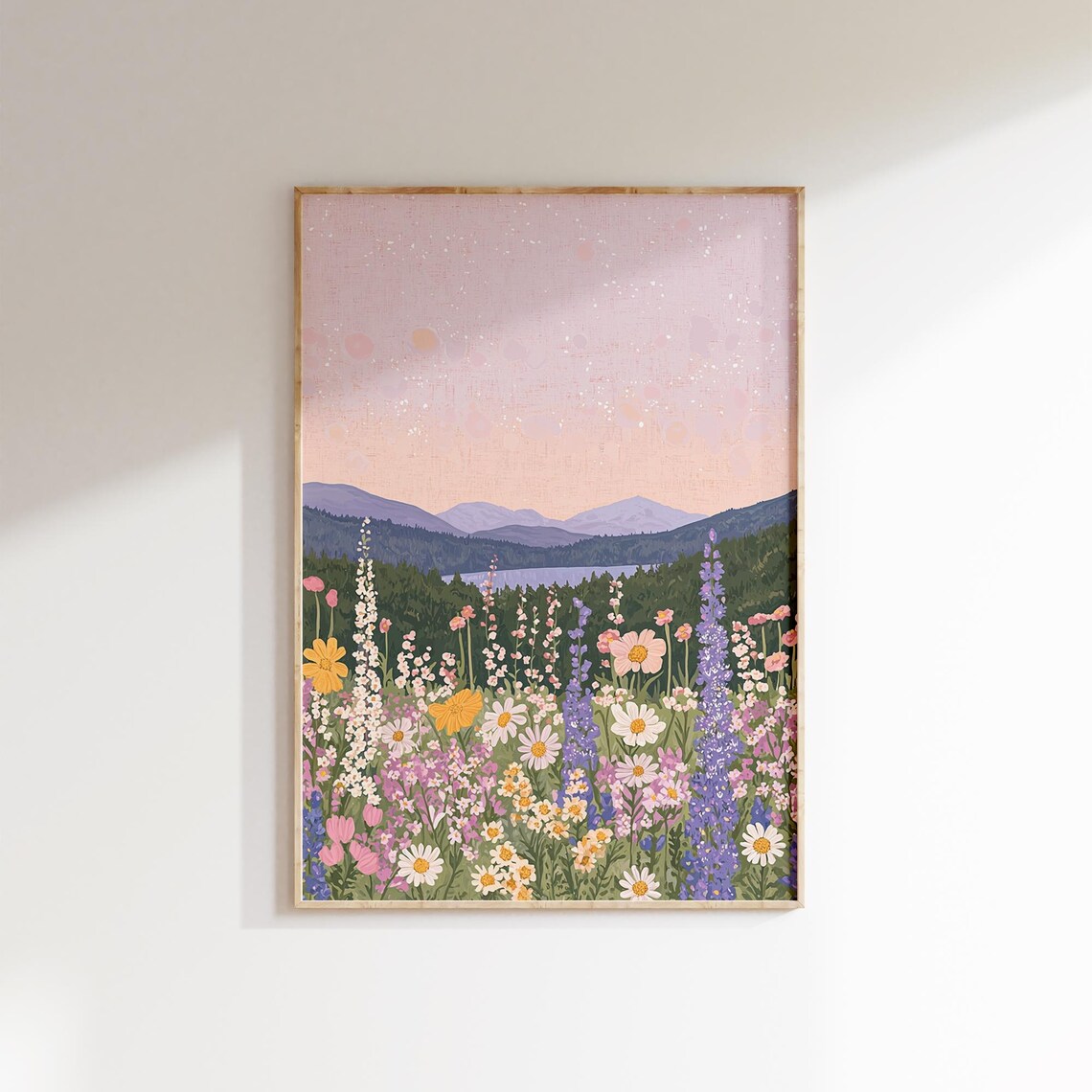 Daisy and Lupine Meadow by a Mountain Lake Under a Pink Sky Art Poster