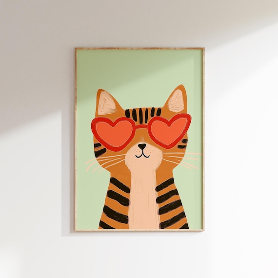 Cool Cat Heart Sunglasses Orange Tabby Mint Green Kids Room Wall Poster