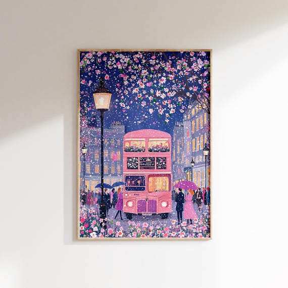 Nighttime London Art Pink Double Decker Bus With Cherry Blossoms Evening Cityscape Print British Wall Art London Decor Uk Travel Art