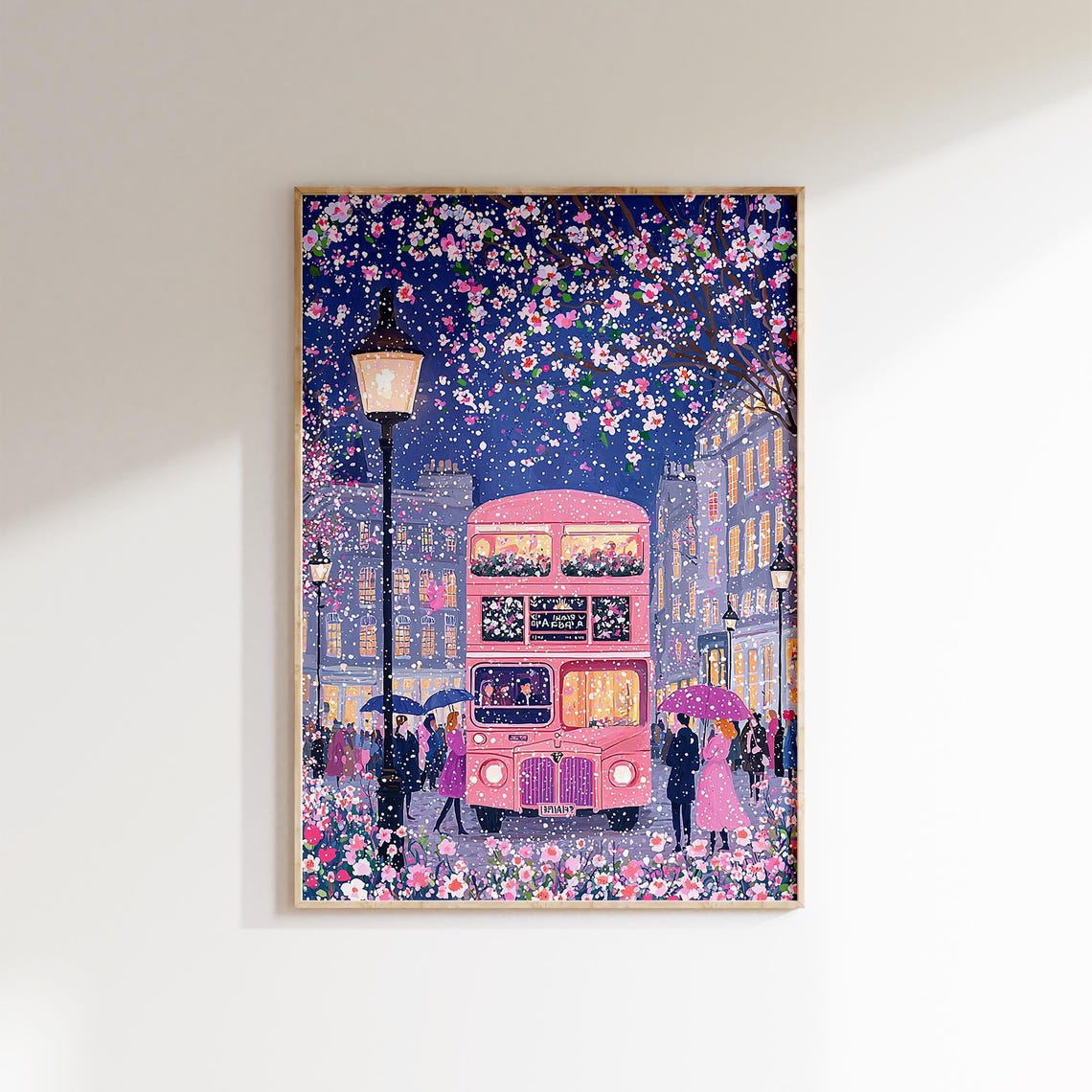 Pink Double Decker Bus London Night Blossom Lights Street Poster