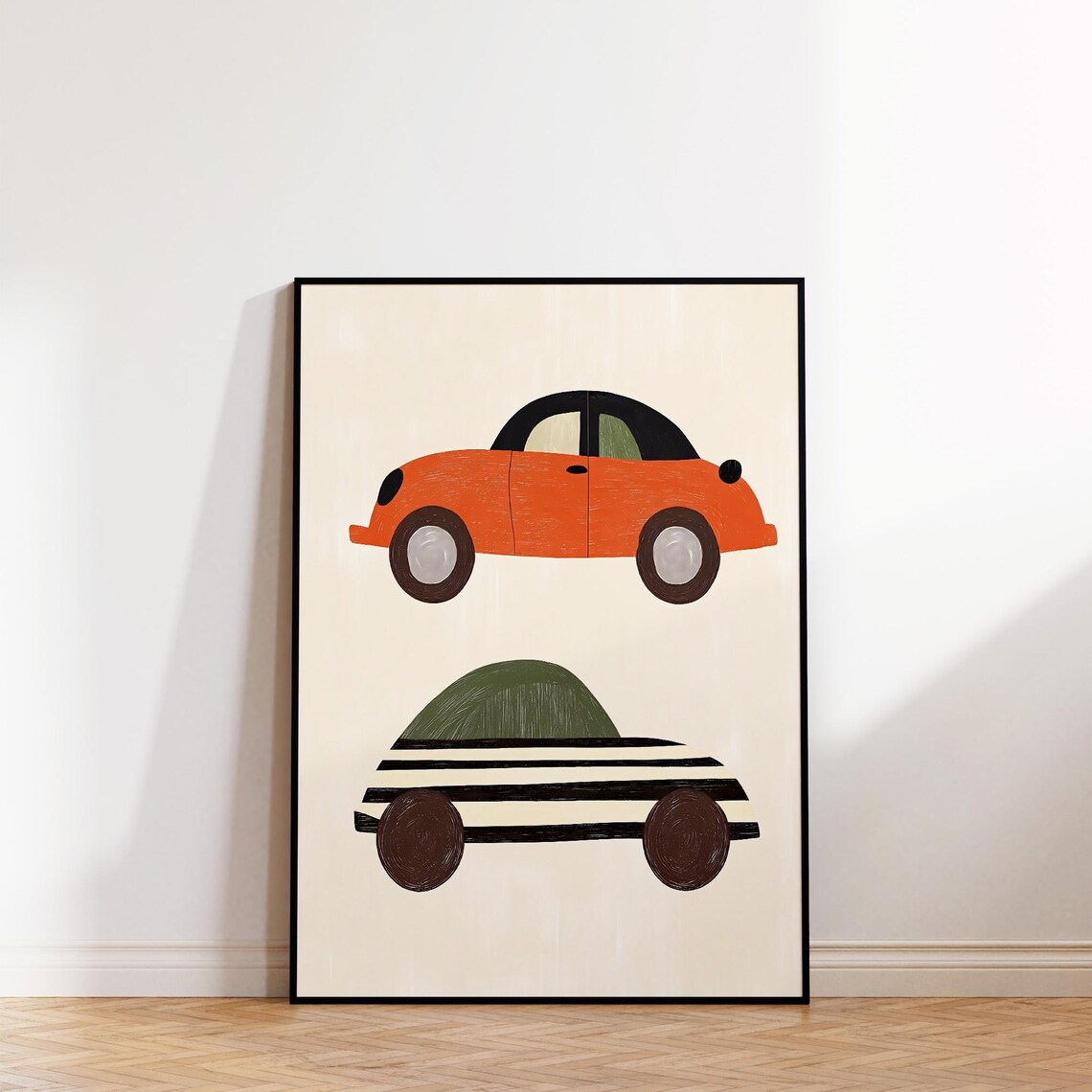 Two Retro Cars Orange Striped Cream Kids Room Vehicle Poster - Image 2