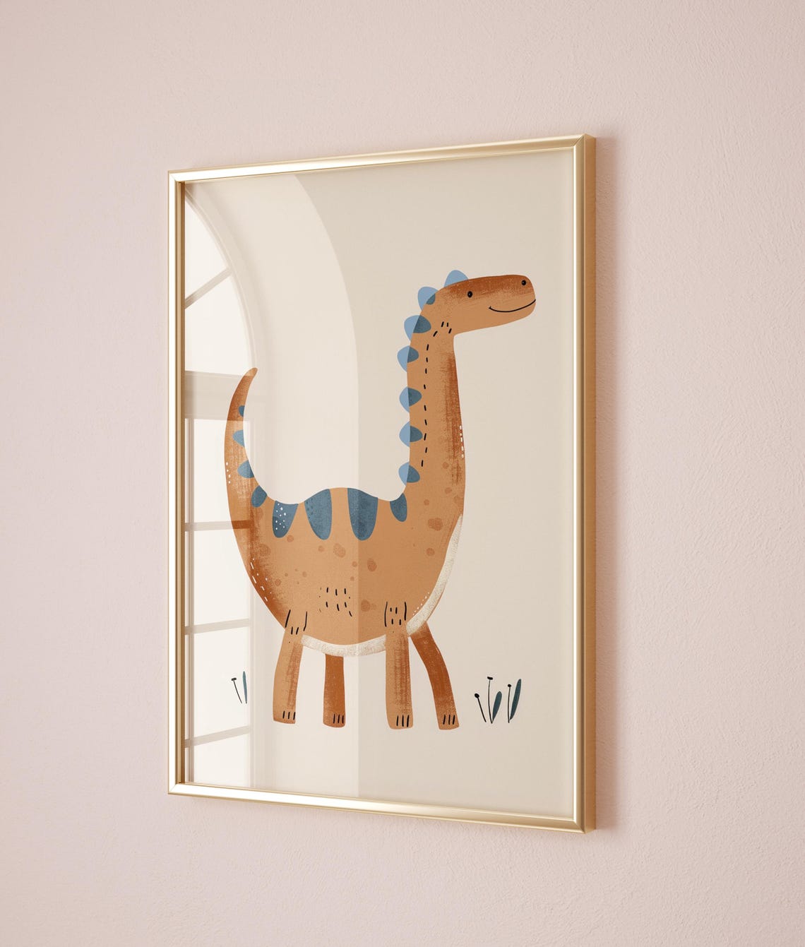 Smiling Brown Long Neck Dinosaur Blue Spots Cream Nursery Theme Poster