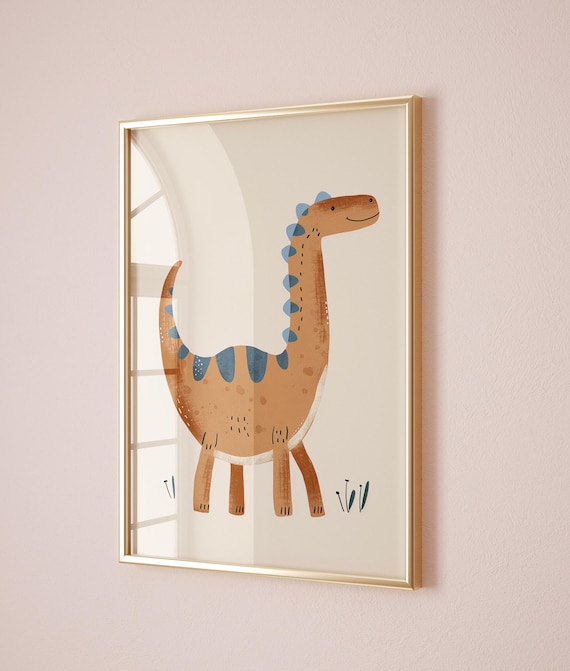Smiling Brown Long Neck Dinosaur Blue Spots Cream Nursery Theme Poster
