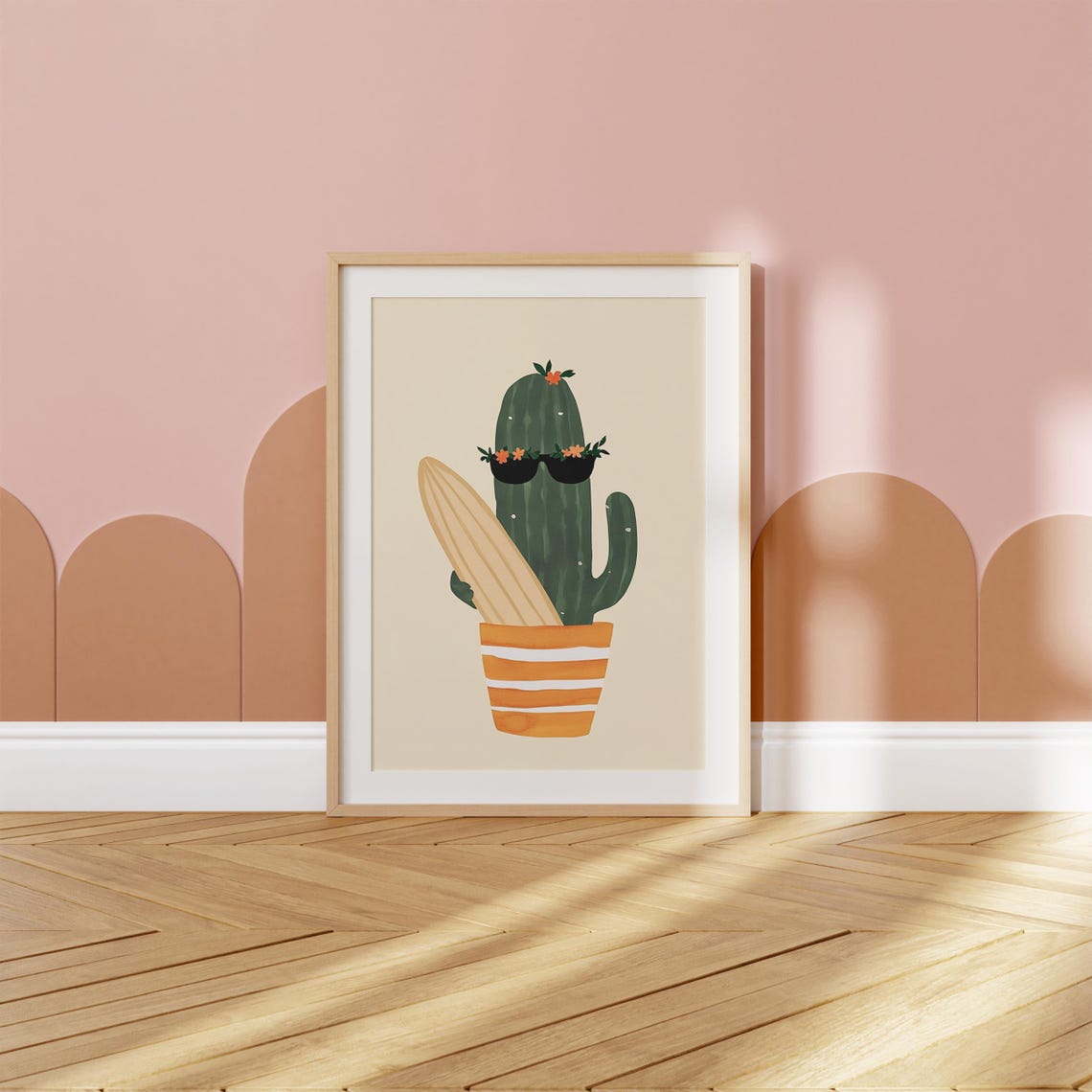 Cute Cactus with Flower Sunglasses Surfboard Summer Art Poster - Image 2
