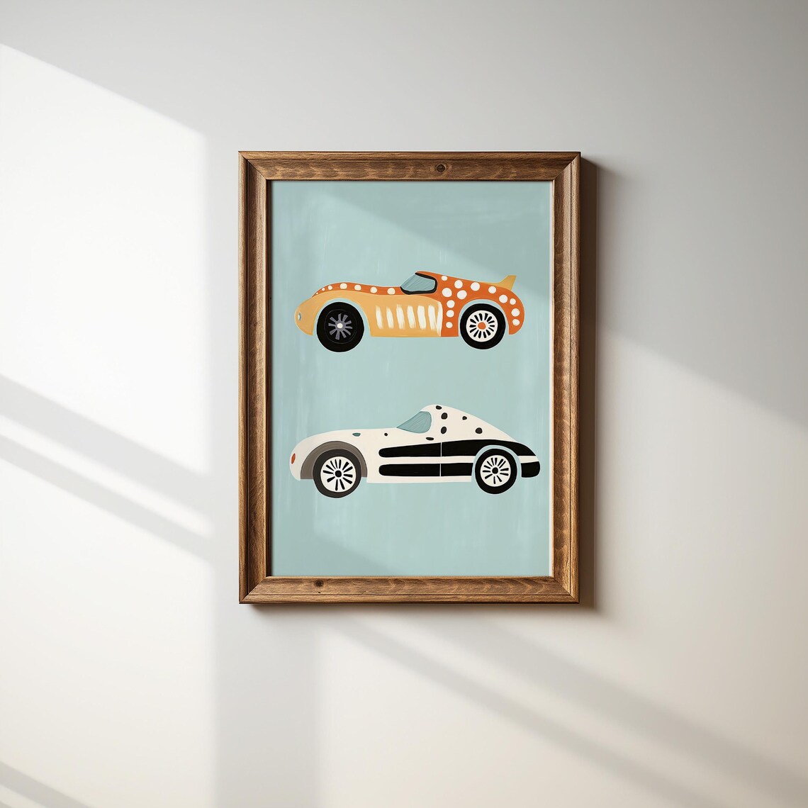 Polka Dot Race Car Pair Retro Boys Room Nursery Cars Poster Art