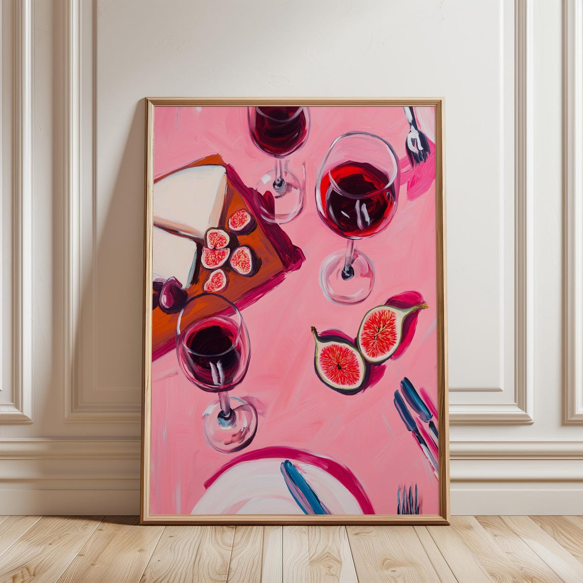Pink Table Wine Glasses Figs Cheese Board Cheerful Dinner Art Poster - Image 2