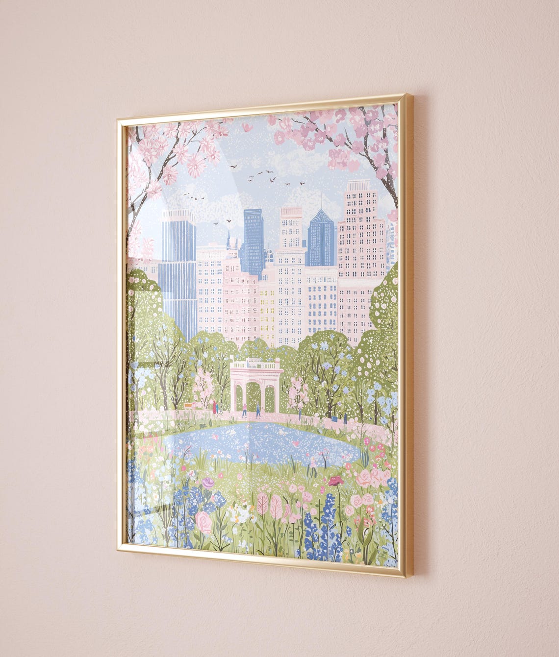 Central Park New York City Spring Cherry Blossom Skyline Poster - Image 2