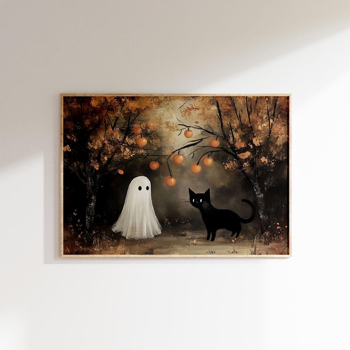 Ghost And Black Cat In Pumpkin Grove Autumn Halloween Poster