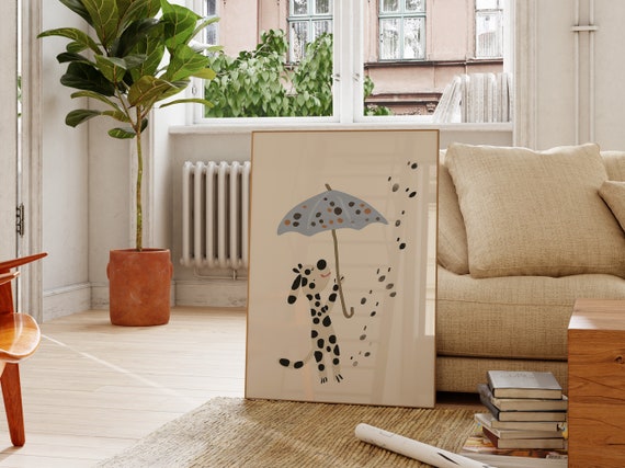Charming Dalmatian With Umbrella Art Print Whimsical Kids Room Decor Playful Nursery Wall Art