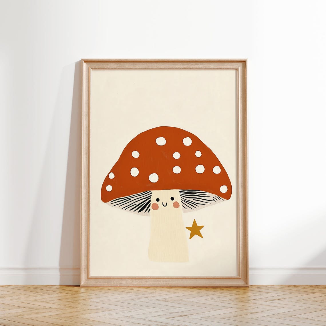 Smiling Mushroom Red Spotted Cap Gold Star Cute Nursery Poster - Image 3