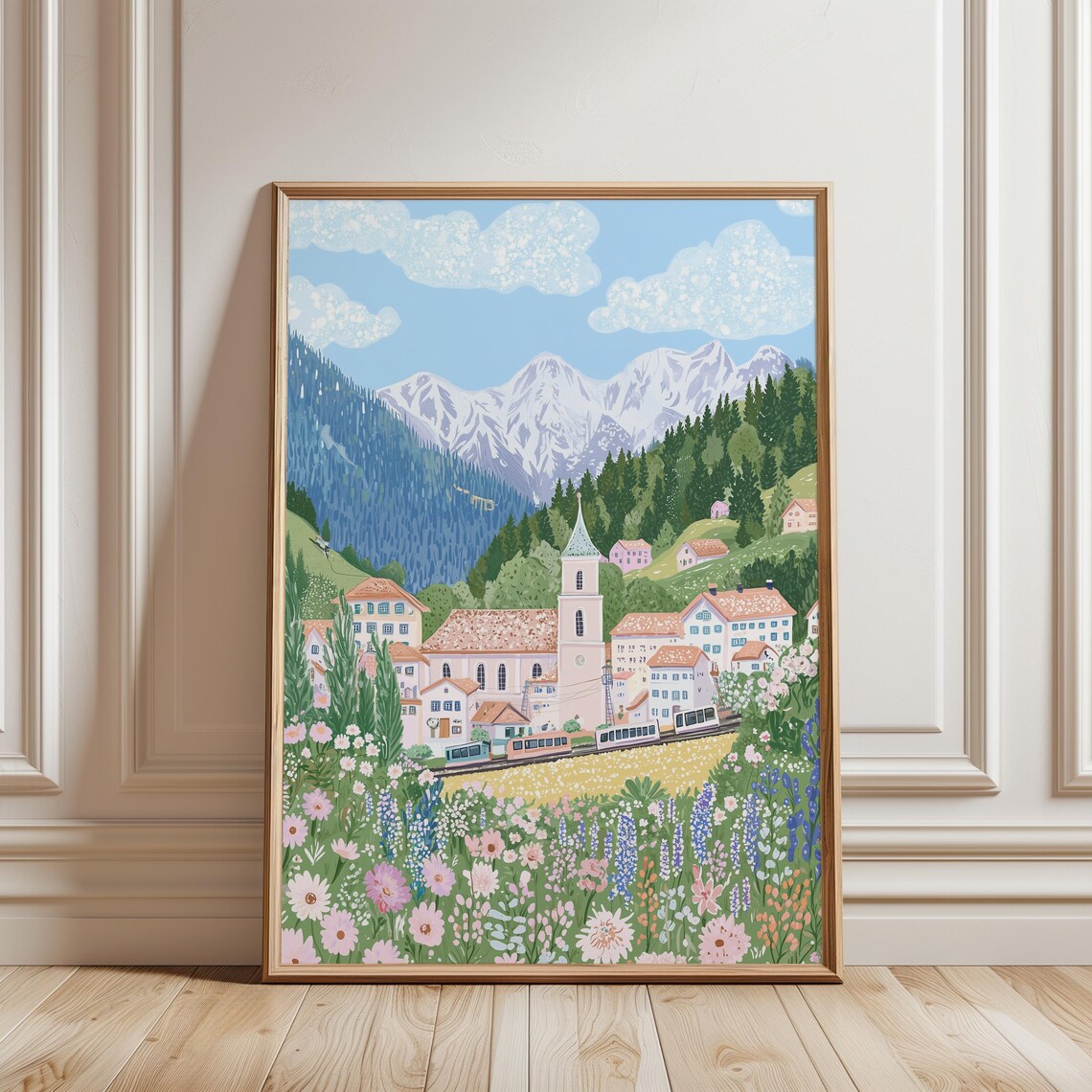 Alpine Village Church Train Wildflower Meadow Mountain Poster