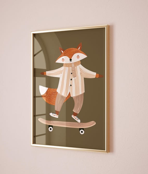 Fox Skateboard Wall Art Playful Animal Nursery Print Kids Room Fox Decor Gender Neutral Wall Art Playroom Fox Poster Toddler Room Decor