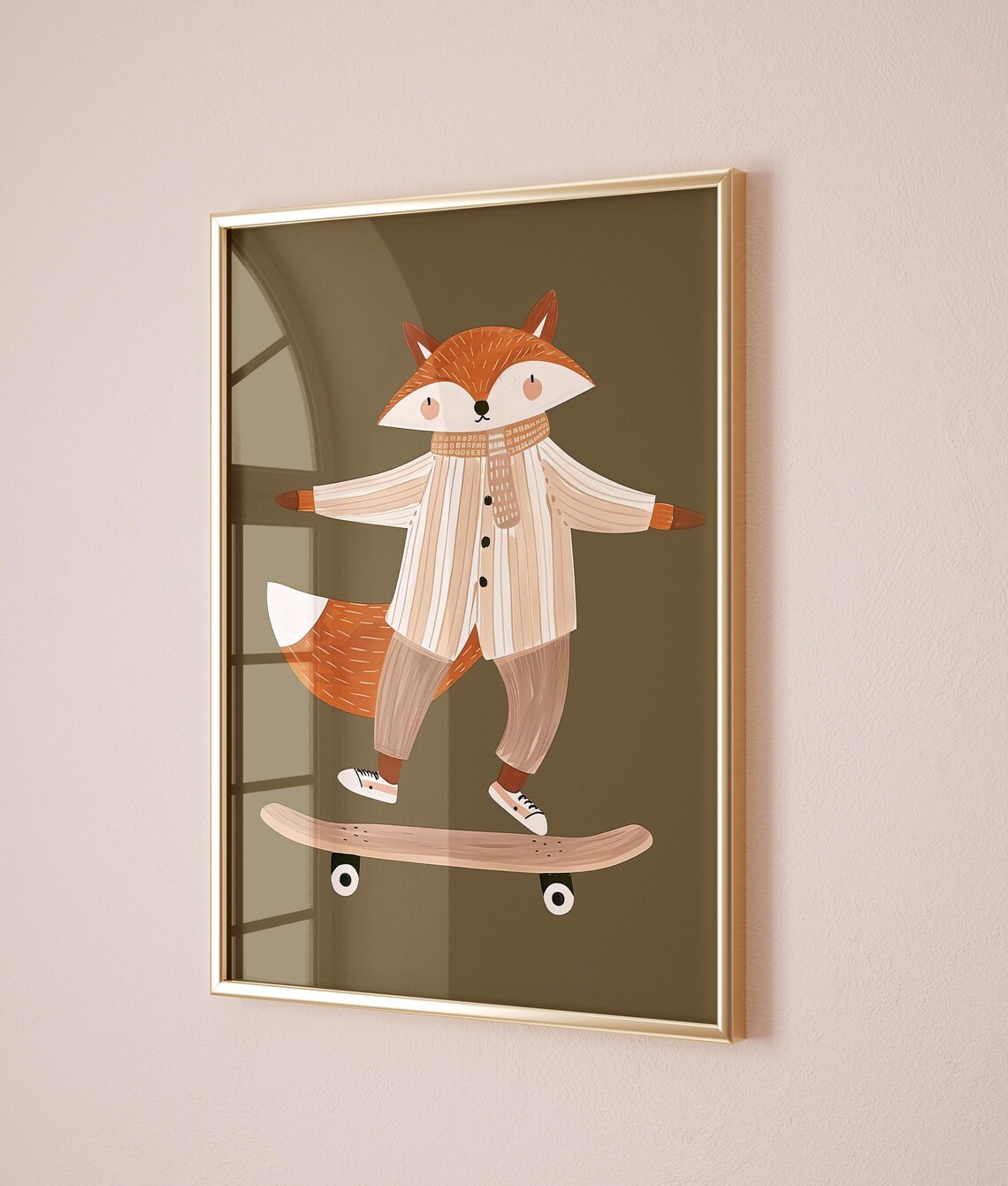 Cute Fox Riding Skateboard Beige Sweater Olive Nursery Theme Art Poster