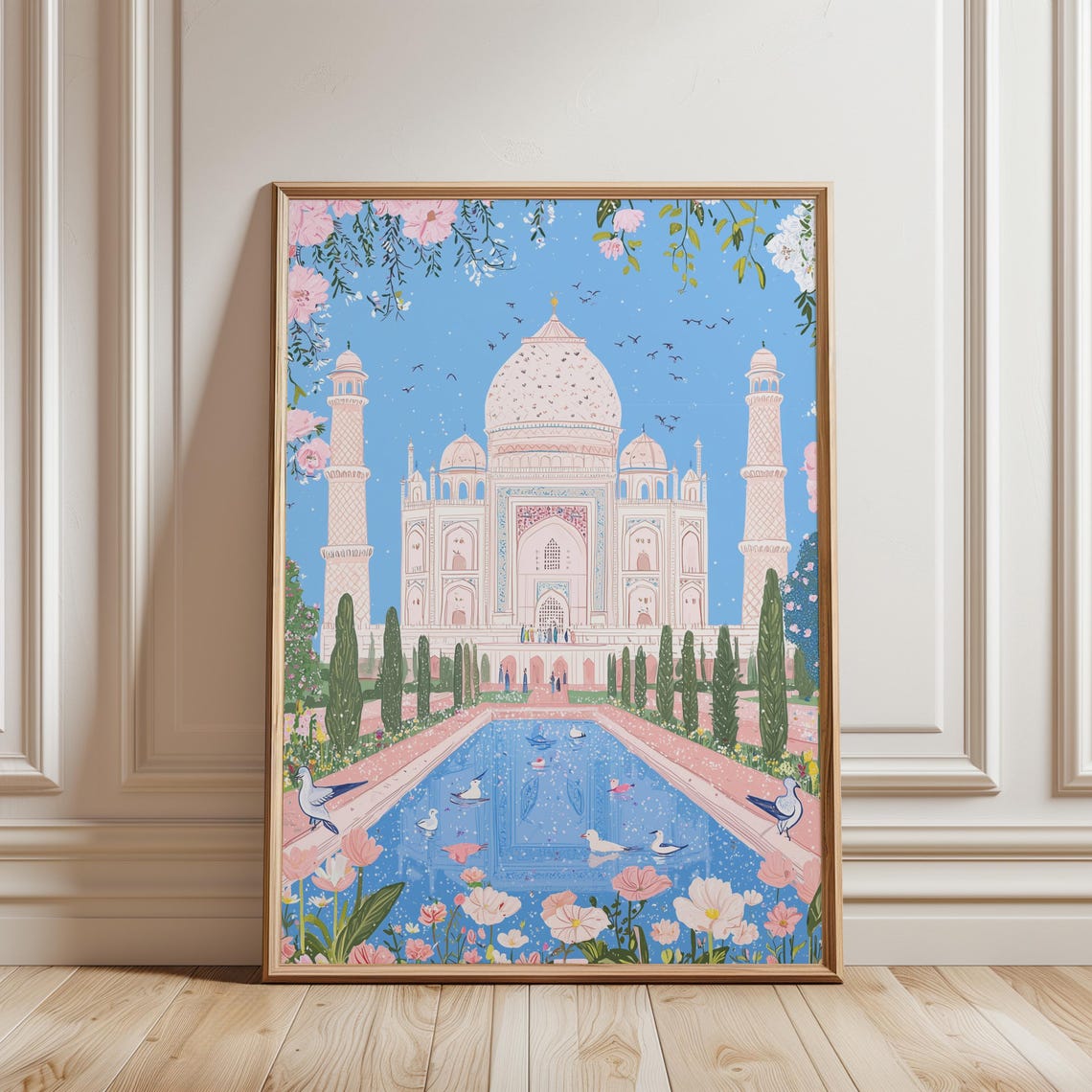 Taj Mahal Pink Reflecting Pool Birds Flowers India Travel Poster