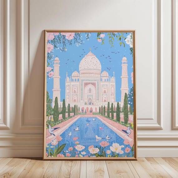 Taj Mahal Folk Art Print Oberoi Amarvilas Hotel View Whimsical Palace Art Indian Storybook Style
