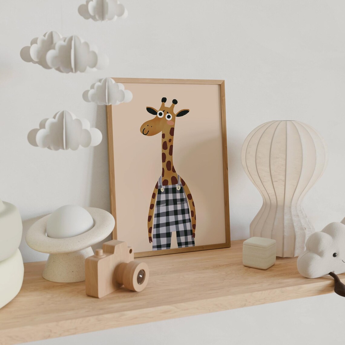 Cute Giraffe In Buffalo Plaid Overalls Safari Nursery Animal Wall Art - Image 6
