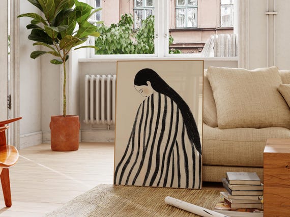 Woman With Striped Cloak Print Maximalist Wall Art Minimalist Decor Modern Abstract Art Print Eclectic Room Decor Preppy Art