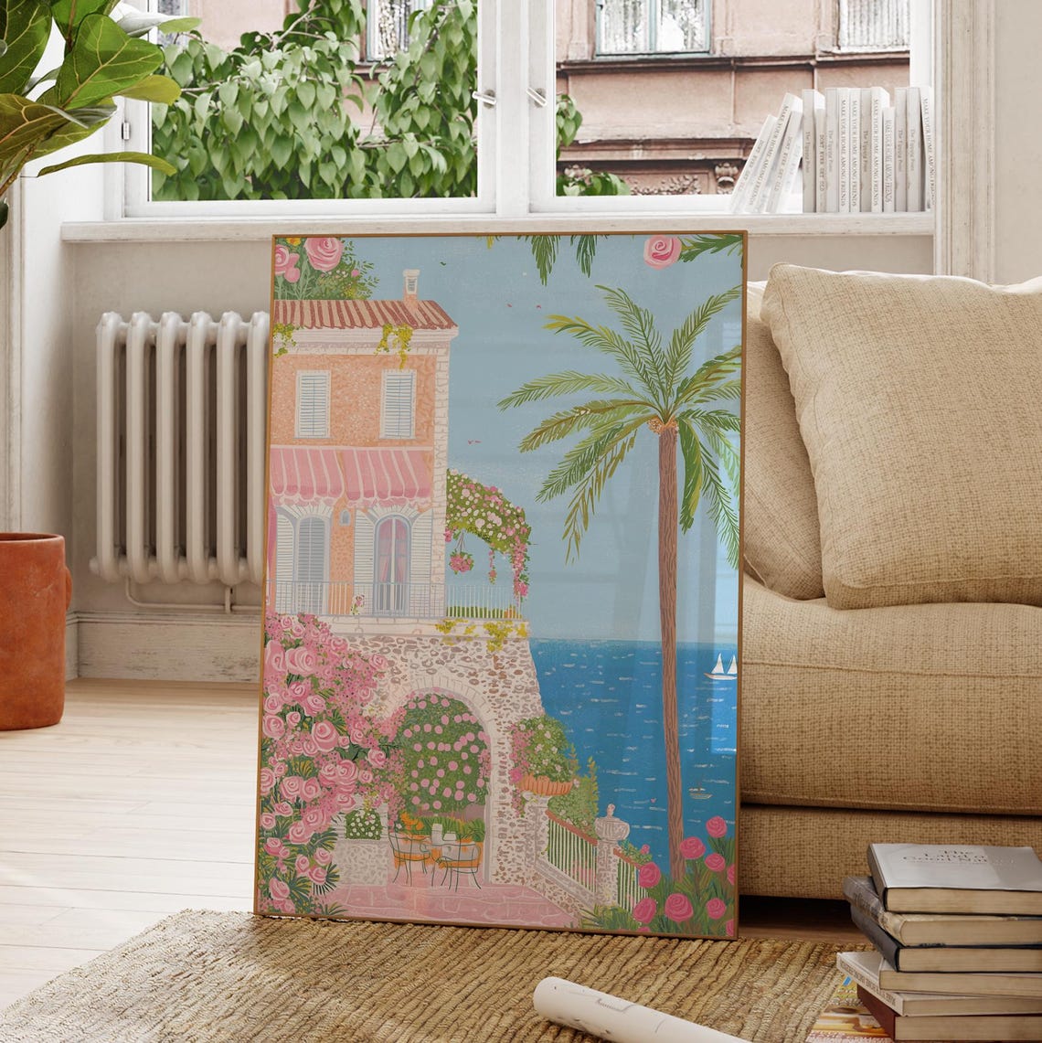 Italian Riviera Art Portofino Print Mediterranean Sea Pink Rose Garden Coastal Folk Art Style Summer Travel Decor - Image 2
