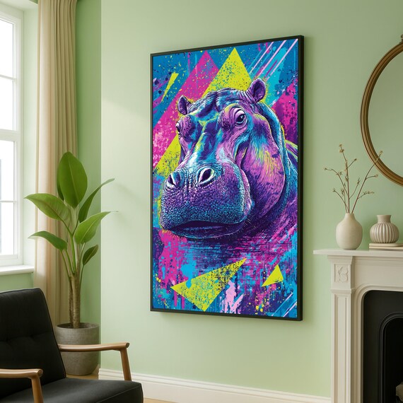 Vibrant Hippo Portrait Canvas Neon Animal Wall Art Colorful Wildlife Modern Abstract Home Decor Ready To Hang Statement Piece