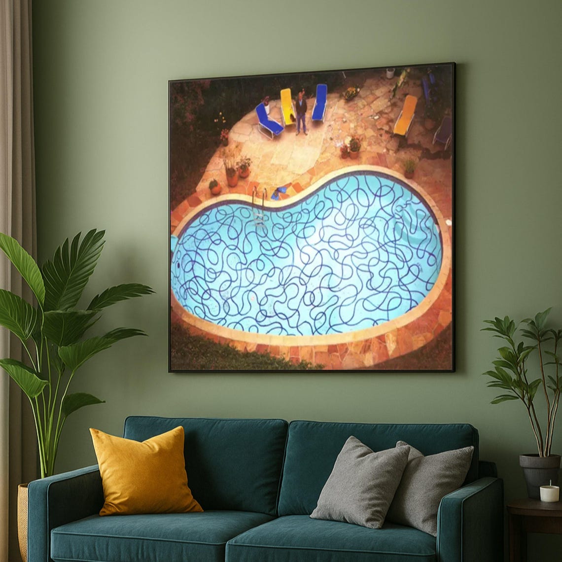 Hockney Style Aerial Kidney Pool With Squiggle Water Art Poster