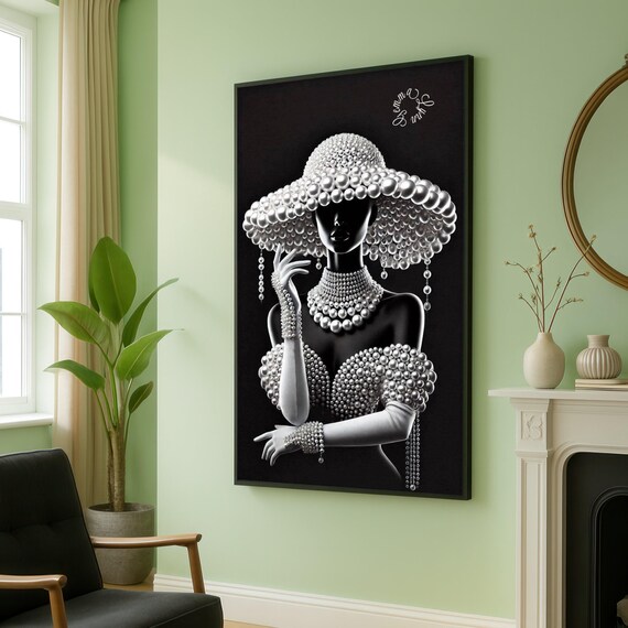 Elegant Black Silhouette Woman Pearl Hat And Jewelry Canvas Fashion Wall Art Luxury Glamour Decor Modern White
