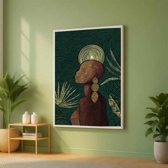 African Woman Tribal Dot Profile Portrait With Golden Sun Art Print