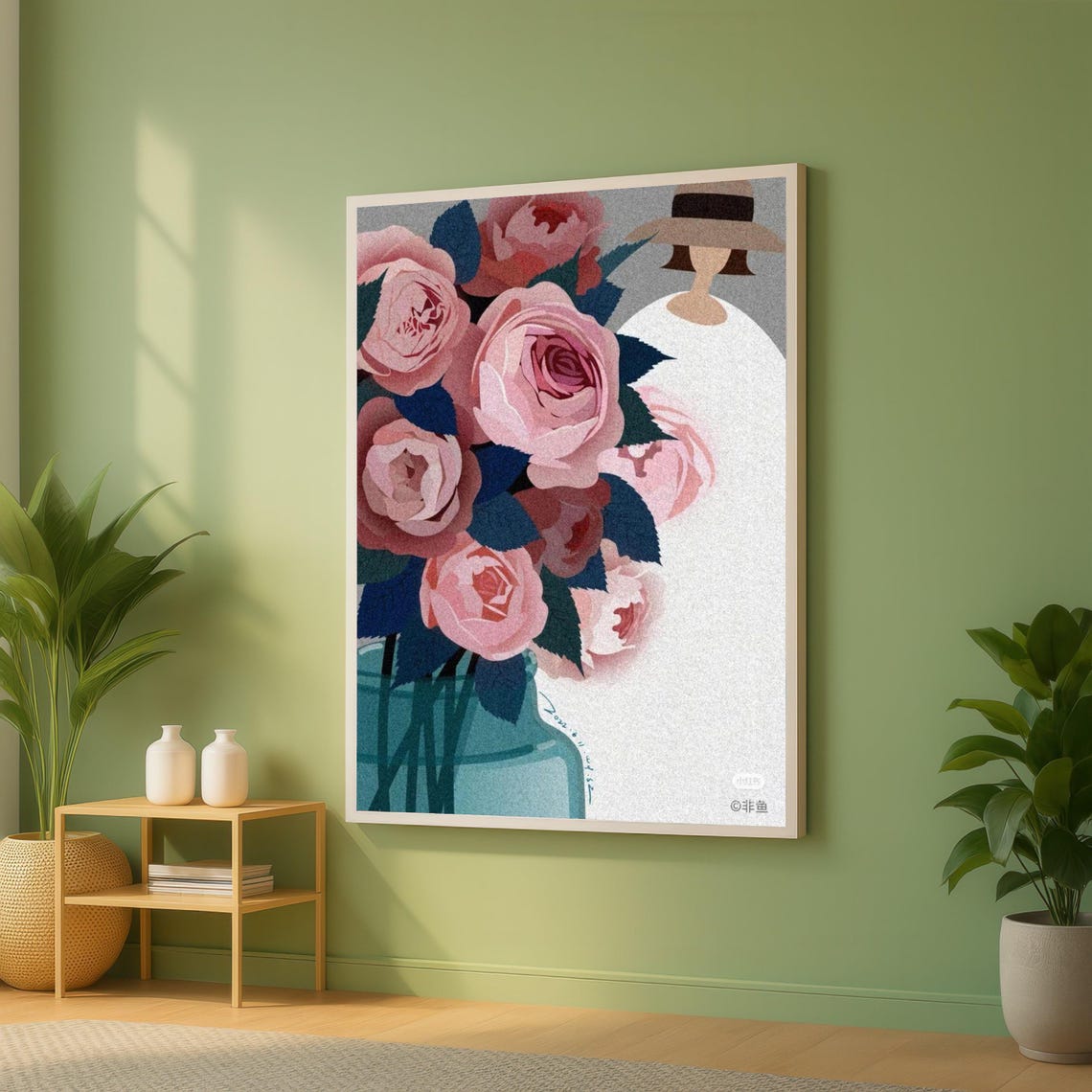 Woman with Hat Beside Pink Roses in Vase Modern Floral Poster