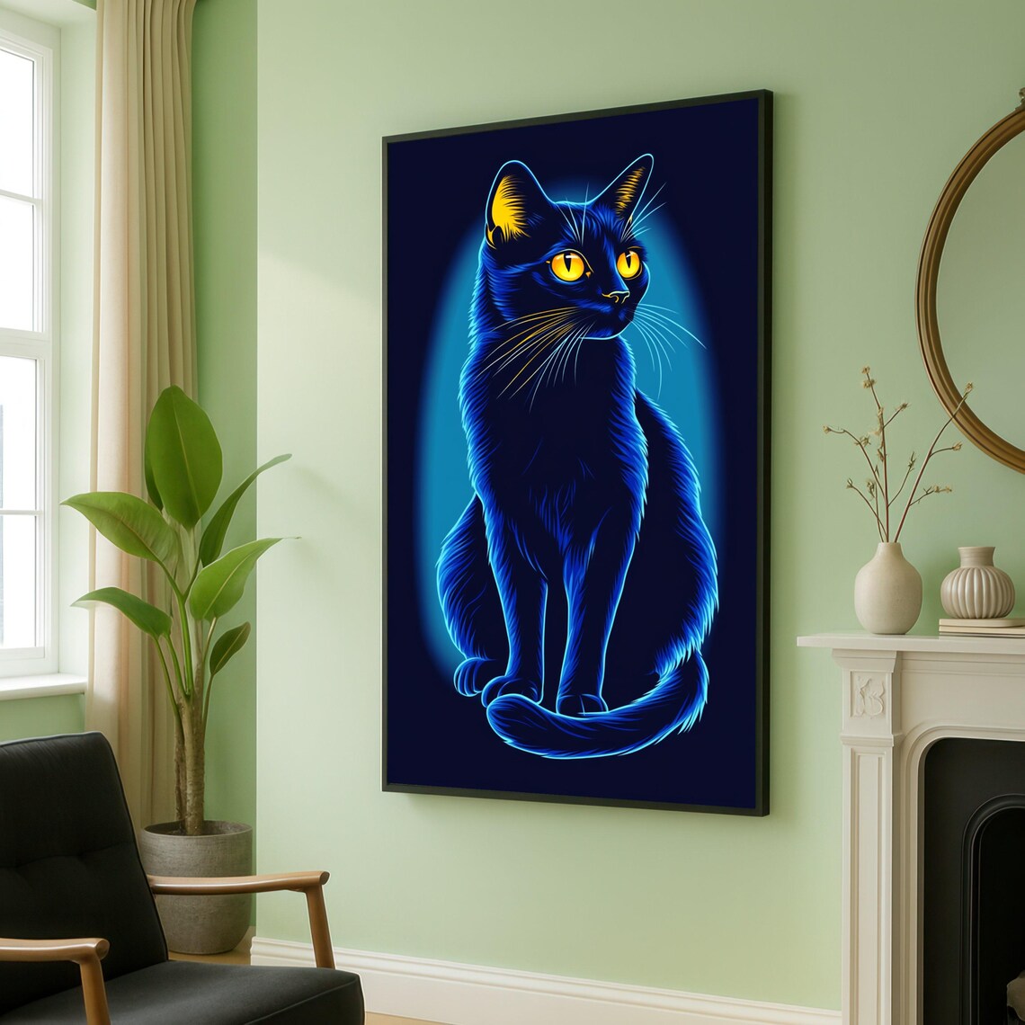 Neon Blue Black Cat With Piercing Golden Eyes Portrait Poster