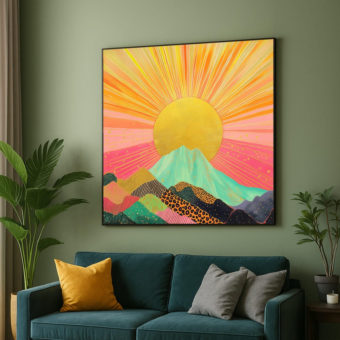 Golden Sunrise Over Mountains Abstract Sunburst Nature Poster