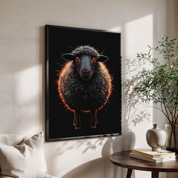 Vibrant Black Sheep Canvas Wall Art Colorful Wool Portrait Modern Animal Decoration Unique Farmhouse Bold Living Room Accent