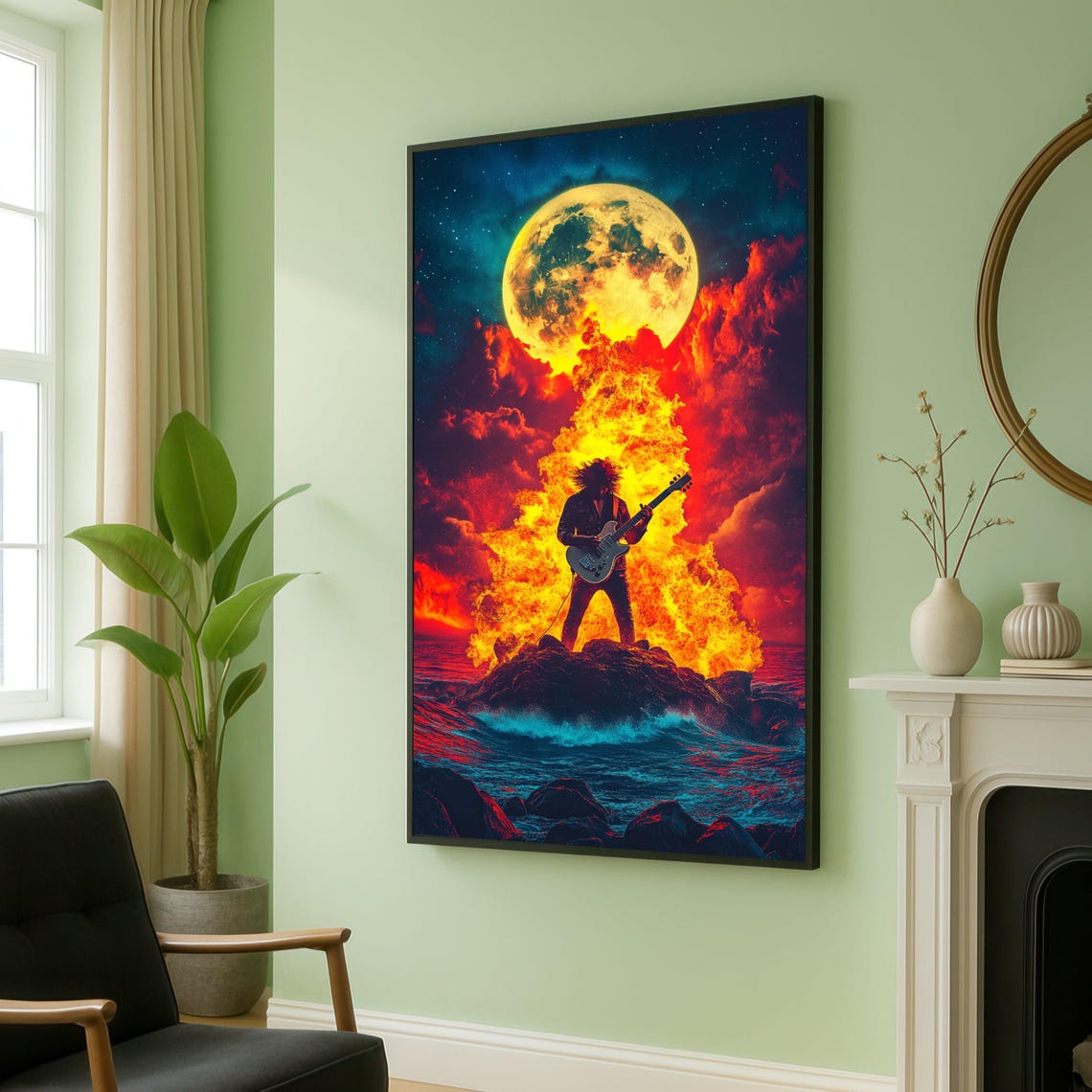 Fiery Rock Guitarist Full Moon Night Fantasy Electric Guitar Poster