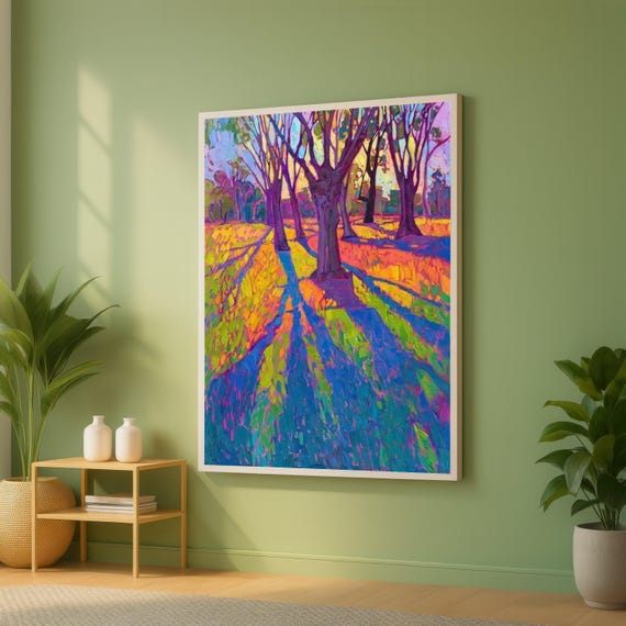 David Hockney Vibrant Tree Shadows Canvas Colorful Forest Landscape Abstract Nature Wall Art Bright Outdoor Scene Modern Home Decor