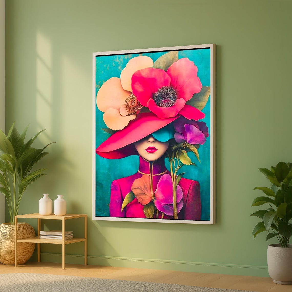 Vibrant Woman With Giant Poppy Hat Teal Pink Bold Portrait Wall Art
