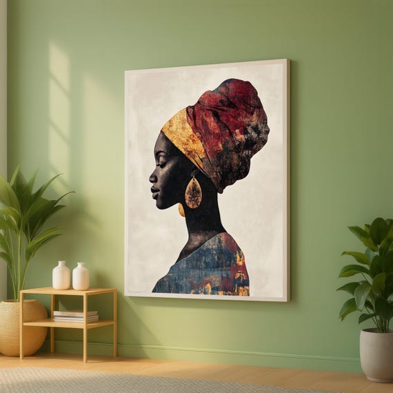 Elegant African Woman Profile Canvas Ethnic Headwrap Wall Art Modern Tribal Portrait Cultural Home Decor Ready To Hang Artwork
