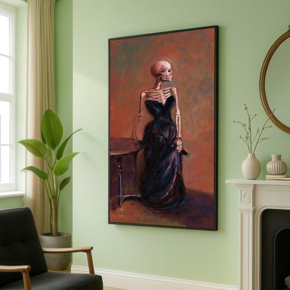 Elegant Skeleton In Black Gown Canvas Gothic Wall Art Dark Fashion Decor Halloween Artwork Unique Home Decoration