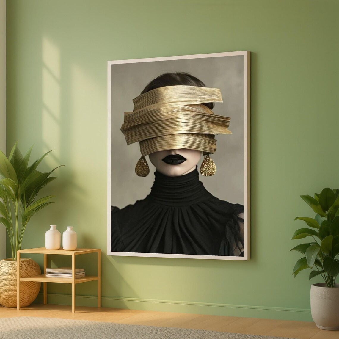 Gold Metallic Blindfold Fashion Portrait Black Lipstick Art Poster