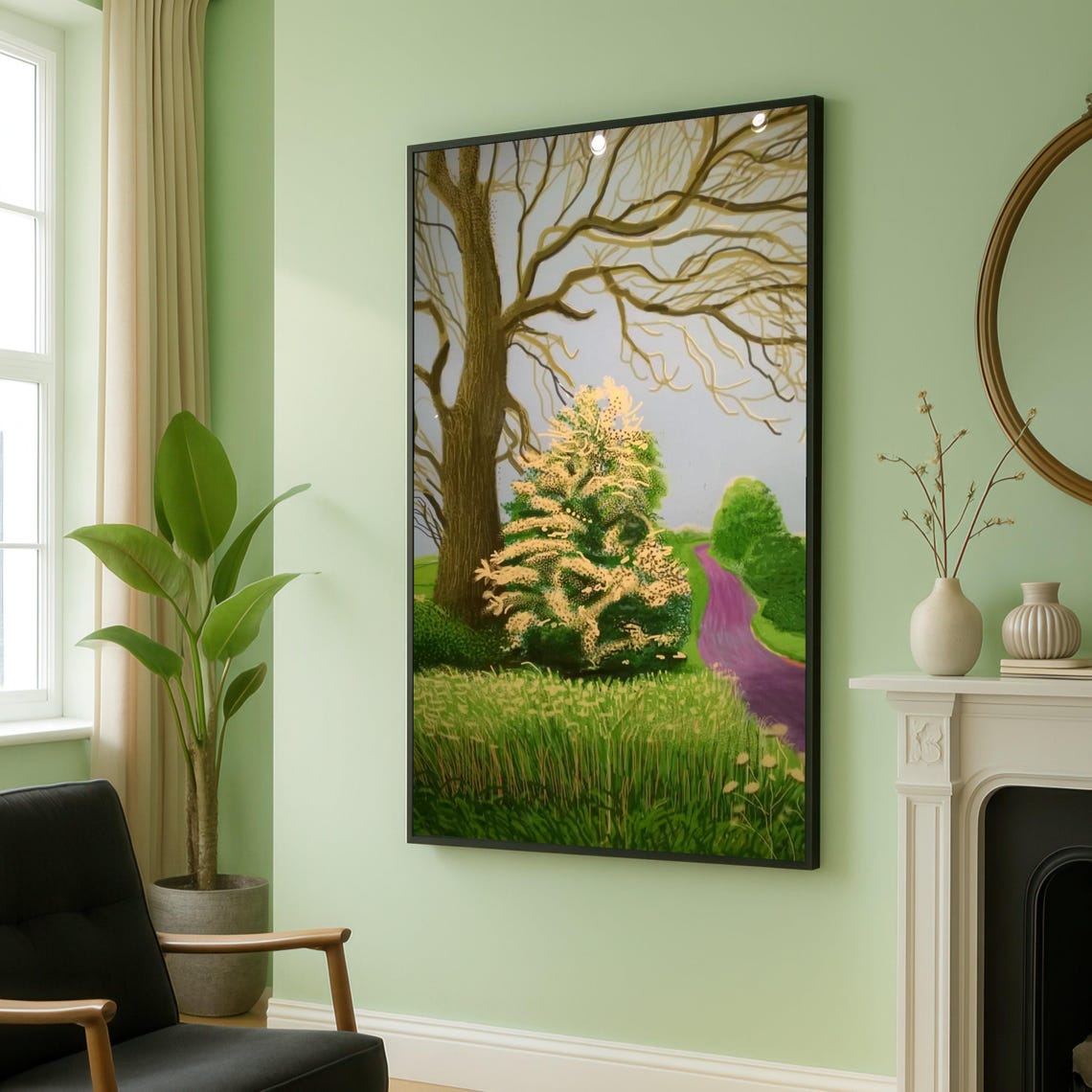 Spring Blossom Tree Bush Garden Path Colorful Painting Poster