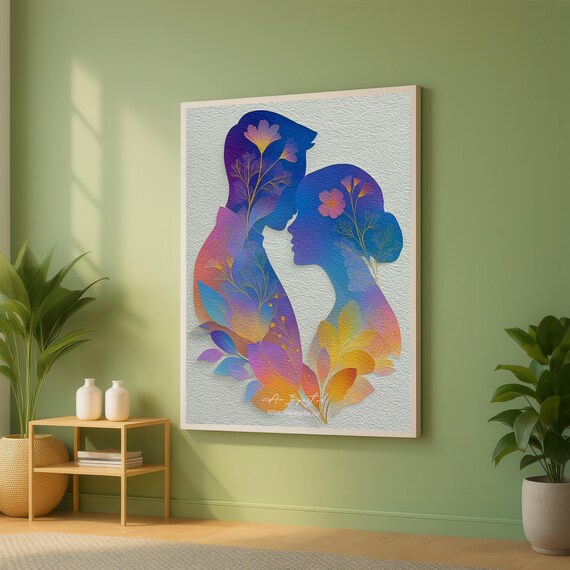 Romantic Couple Silhouette Canvas Floral Double Exposure Wall Art Colorful Love Illustration Modern Home Decor Ready To Hang