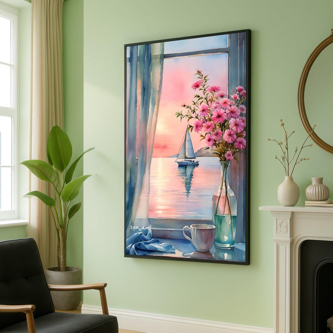 Sailboat at Sunset Through Window Watercolor Coastal Art Poster