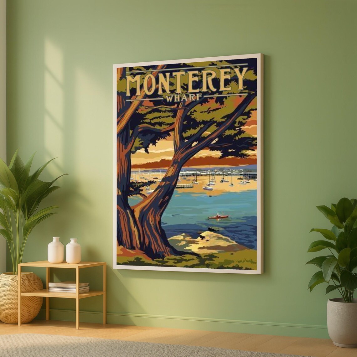 Monterey Wharf Sunset Harbor Vintage Travel Poster with Cypress
