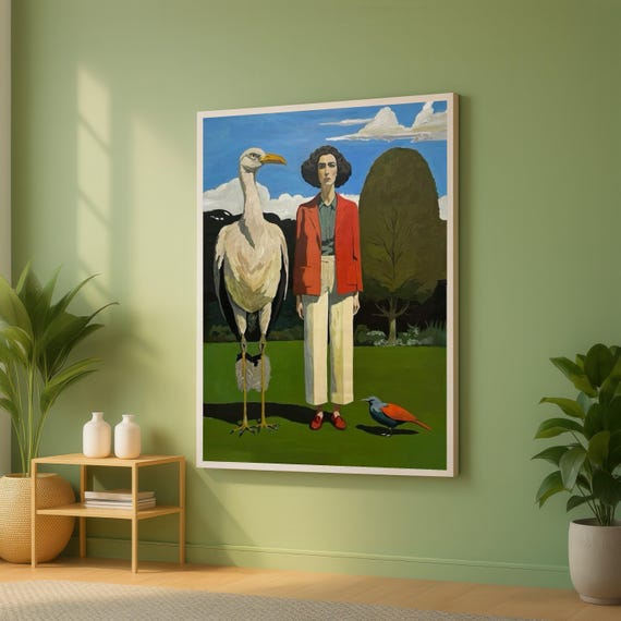 Surreal Portrait With Birds Canvas Modern Figurative Wall Art Bold Color Block Painting Contemporary Home Dcor Rebecca Aldernet Style