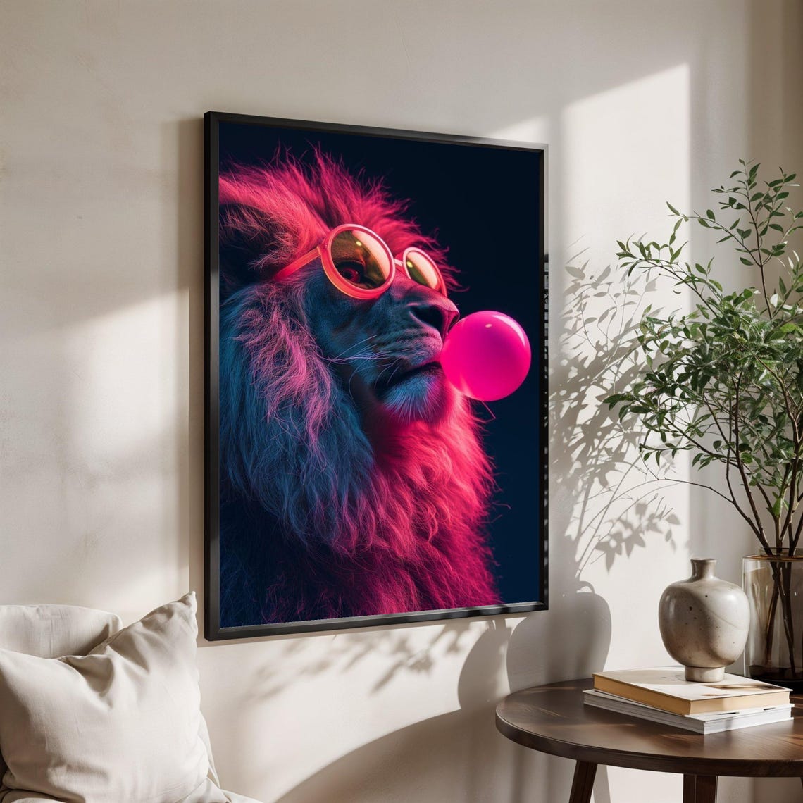Neon Lion with Sunglasses Blowing Pink Bubblegum Pop Art Poster