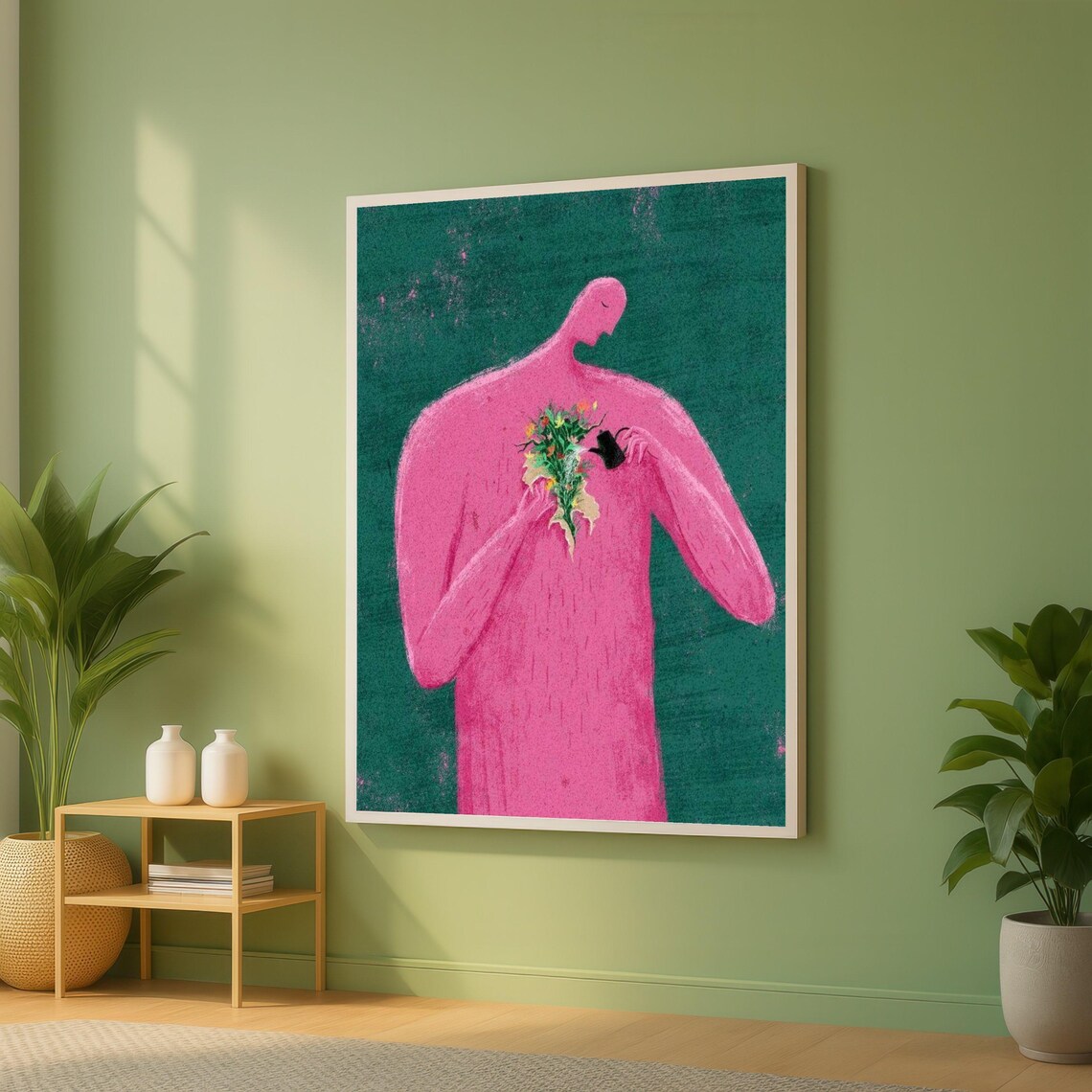 Pink Abstract Figure Holding Flowers Surreal Modern Art Poster