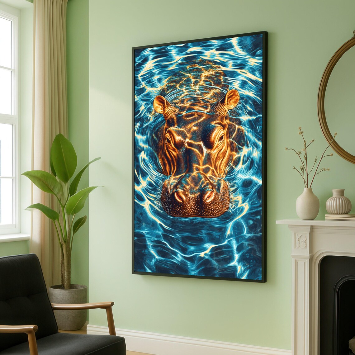 Majestic Hippo Closeup Canvas Water Reflection Wall Art Wildlife Animal Modern Home Decor Nature Artwork