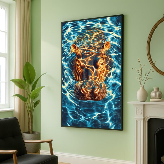 Majestic Hippo Closeup Canvas Water Reflection Wall Art Wildlife Animal Modern Home Decor Nature Artwork