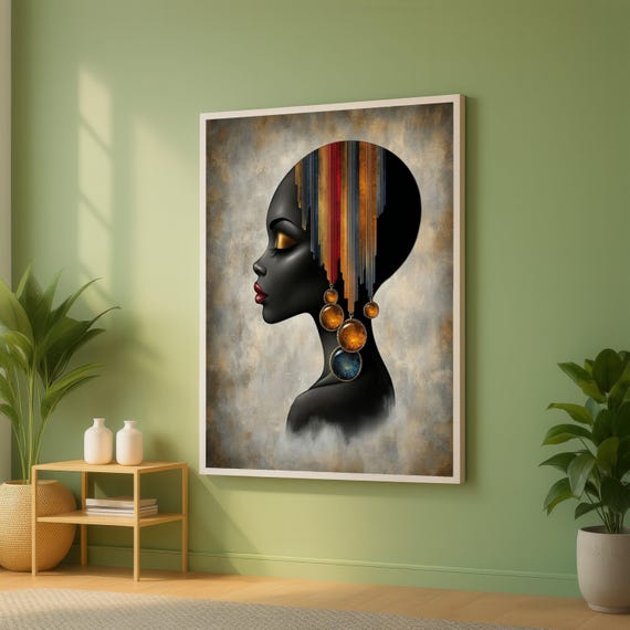 Elegant African Woman Portrait Canvas Modern Ethnic Wall Art Black Female Silhouette Vibrant Colorful Headdress Contemporary