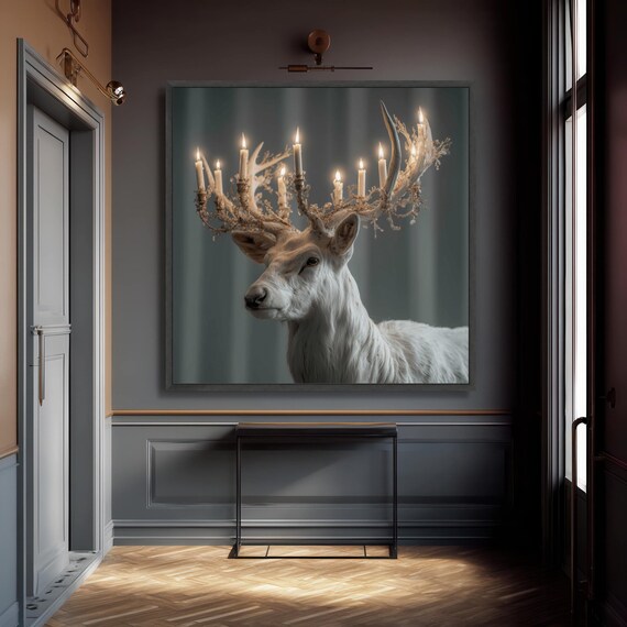 White Deer With Candlelit Antlers Canvas Wall Art Rustic Wildlife Decor Illuminated Stag Portrait Modern Nature Home Accent