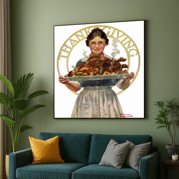 Norman Rockwell Art Print Vintage Thanksgiving Dinner Canvas Holiday Wall Decor Classic Turkey Illustration Kitchen