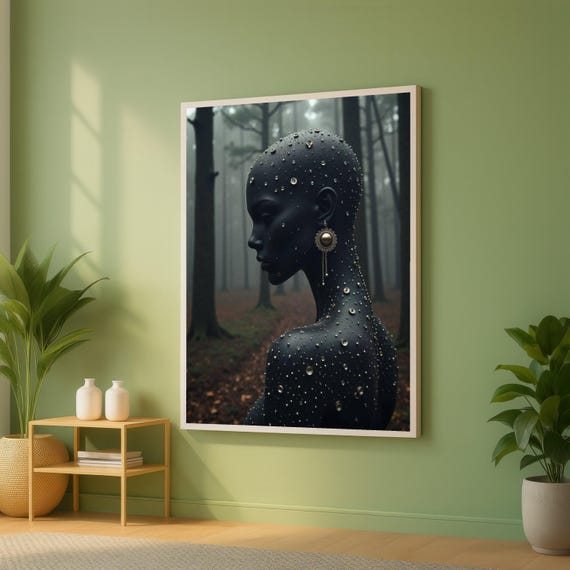 Mystical Black Silhouette Canvas Abstract Woman Portrait Forest Background Wall Art Gold Accents Modern Home Decor