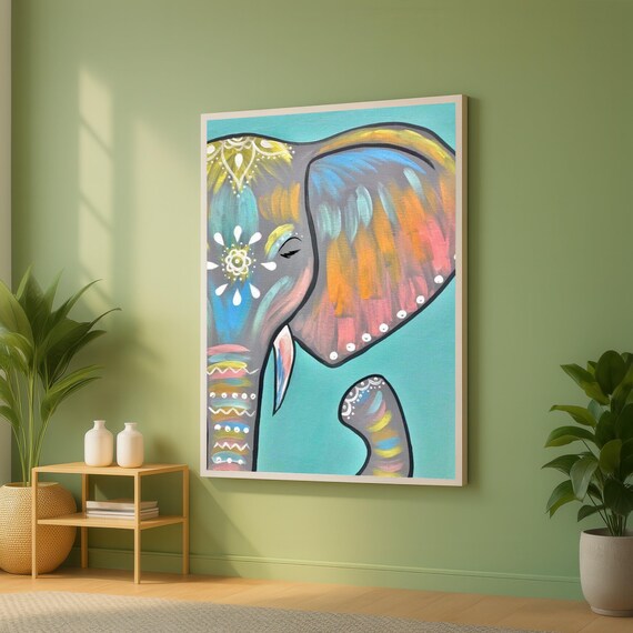 Colorful Elephant Canvas Wall Art Tribal Animal Painting Decorative Nursery Boho Style Home Decor Ready To Hang